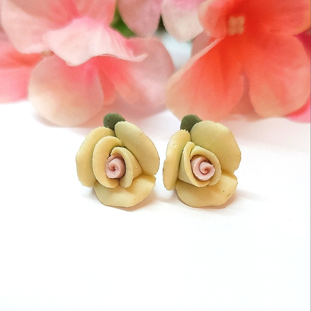 Vintage Yellow & Pink Ceramic Flower Earring Post Earrings
